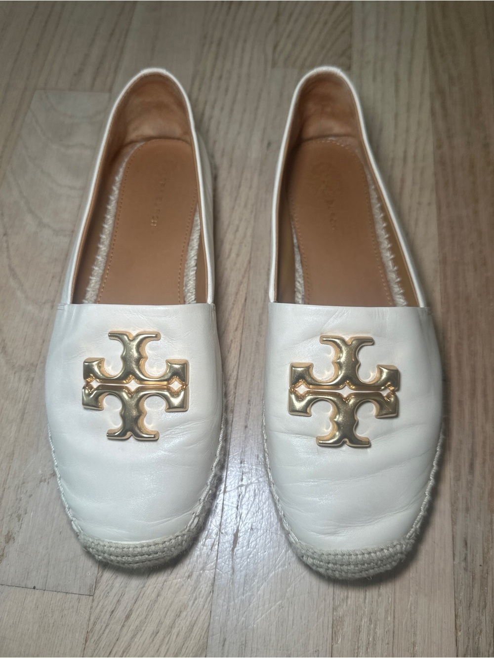 Tory Burch Cream Leather Espadrille Flats with Gold Logo